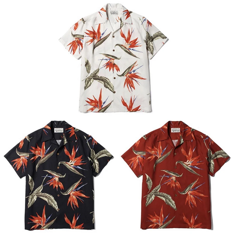 

WACKO MARIA Leaves Fly Birds Print Short Shirt Hawaii Beach Men Women High Quality Casual Surf Shirts Top