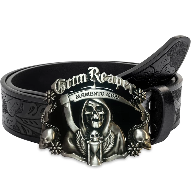 Ceinture en jean pour hommes occidentaux ceinture rétro tête fantôme faucille boucle de ceinture hip-hop personnalité style rétro unisexe correspondant jeans/décontracté p 1