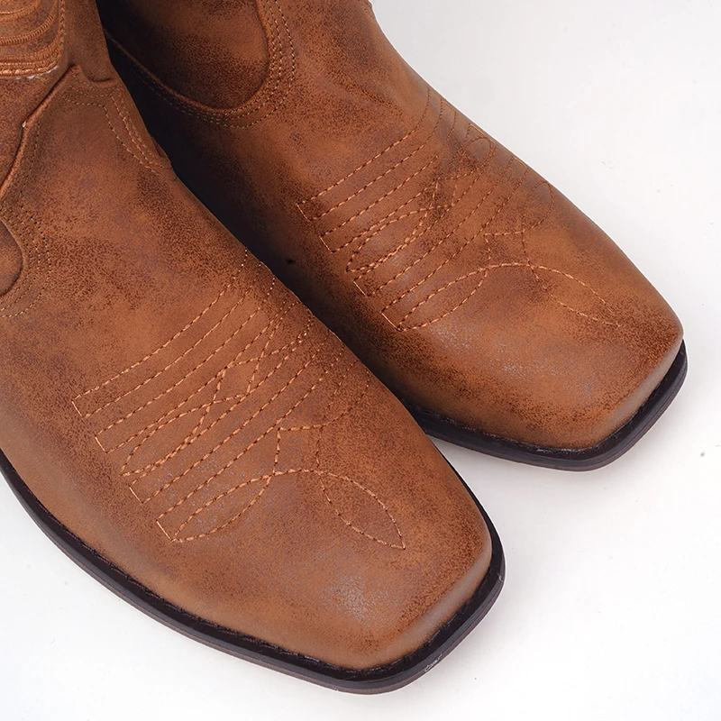 Men's Leather Motorcycle Boots Nonslip Slip On Round Toe Buckle Mid