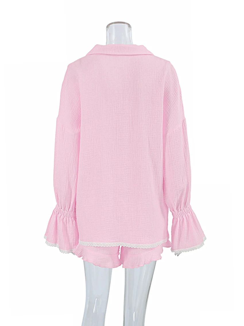 Marthaqiqi Cotton Women'S Sleepwear Set Long Sleeve Nightwear Turn-Down Collar Pajamas Shorts Casual Ladies Nightie 2 Piece Suit