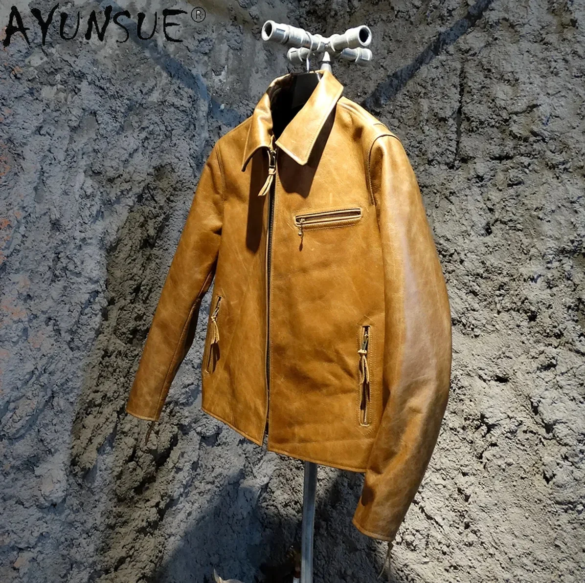 AYUNSUE 남성용 빈티지  가죽 재킷, 용수철 100% 소가죽 코트, 플러스 ..