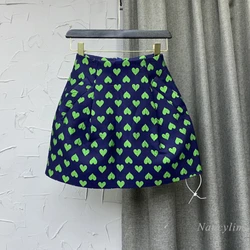 Green Heart Pattern High Waist Skirts Womens 2022 Summer Princess Puff Short Mini Skirt Ladies Outfits