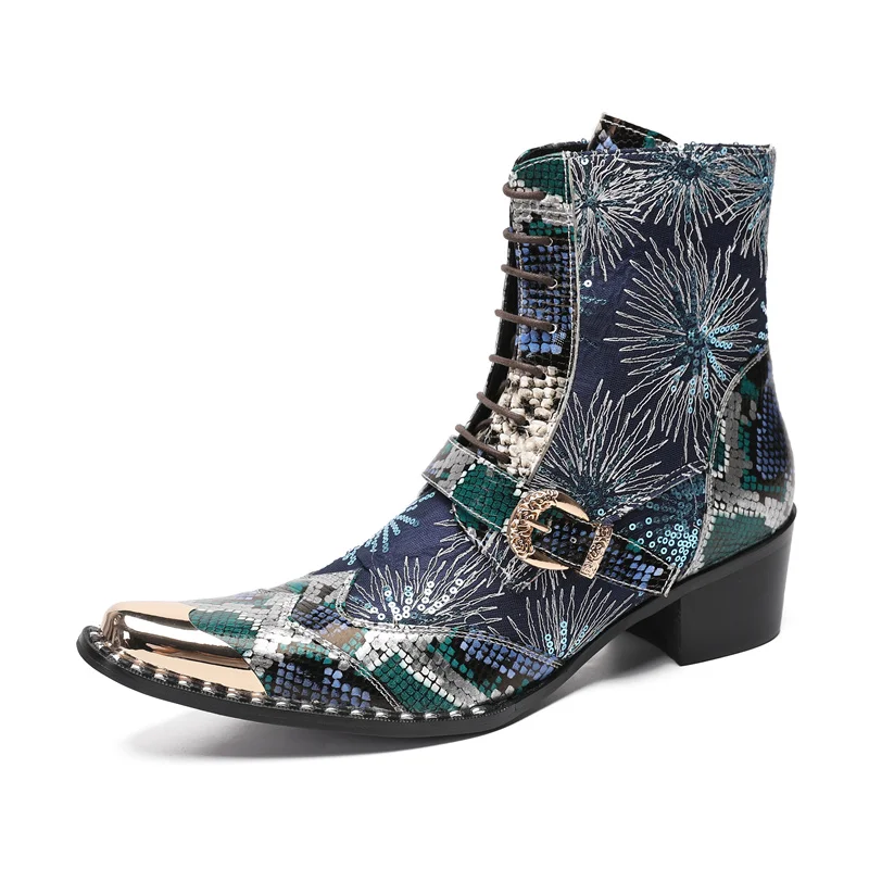 Board Luxus High Heels Männer Stud Stiefel Echt leder Stiefeletten schwarz italienische Chelsea Kleid Schuhe spitzen Zehen Cowboy Stiefel – Detail 11