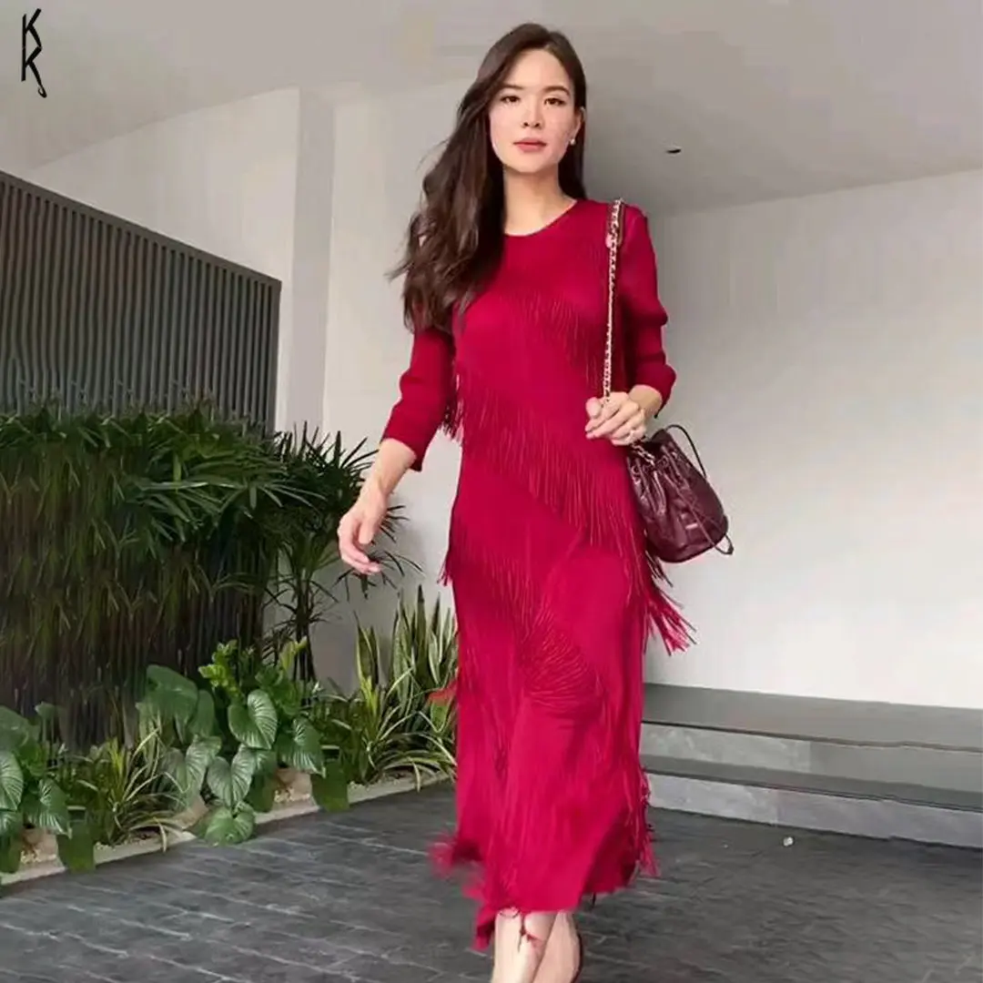 

Tassel Temperament Dress Miyake Pleated Fashion Loosely Three Quarter Sleeve Luxury Design Dress Elegant Women's Clothing Summer