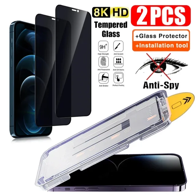 Protecteur d'écran en verre pour iPhone, confidentialité, verre anti-espion, installation sans poussière, Guatemala, iPhone 15, 14, 13, 12, 11, 16 Pro Max Plus, 2 pièces 1