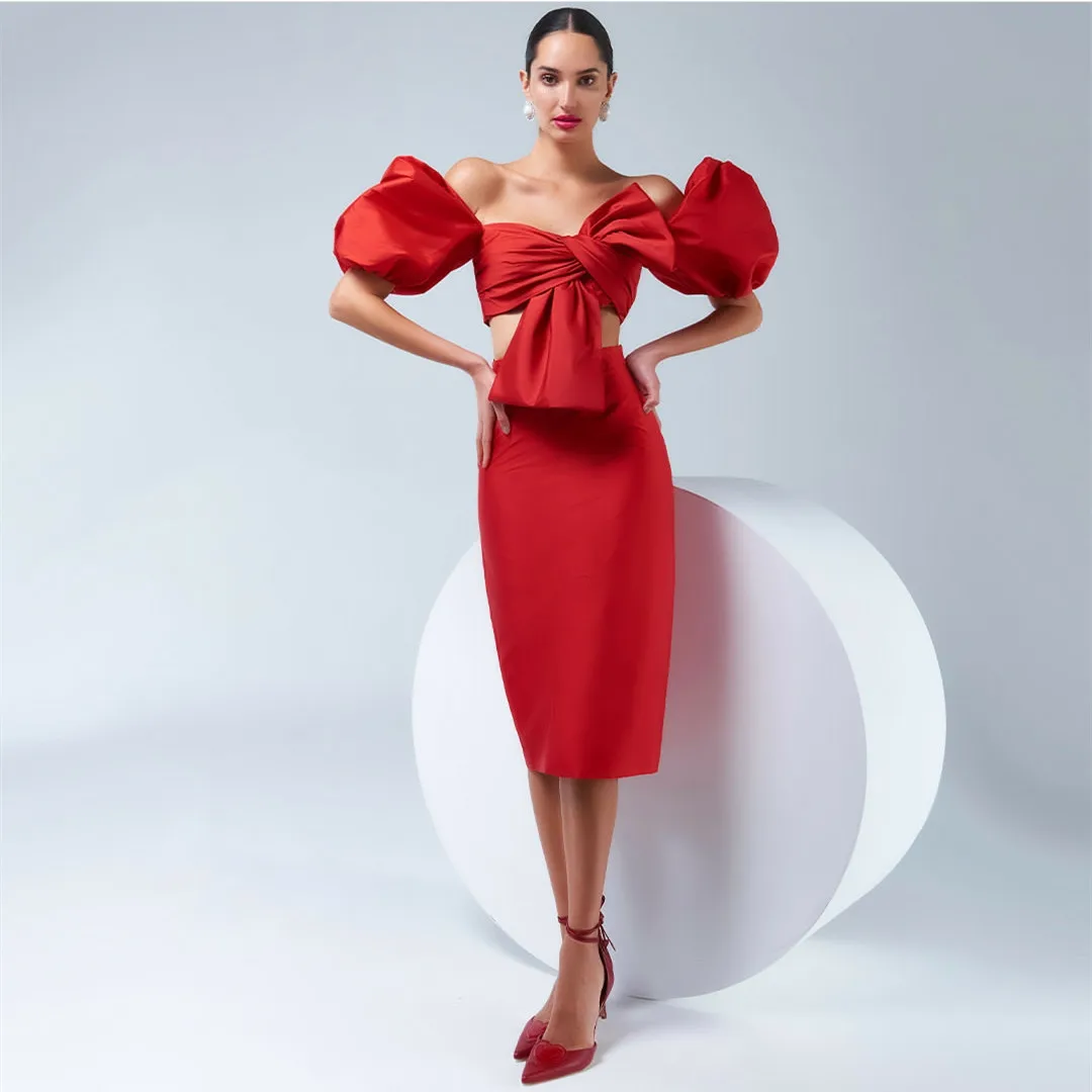 

Elegant Short Red Sweetheart Prom Dresses With Puff Sleeve Sheath Taffeta Tea Length Formal Occasion Evening Dress for Women