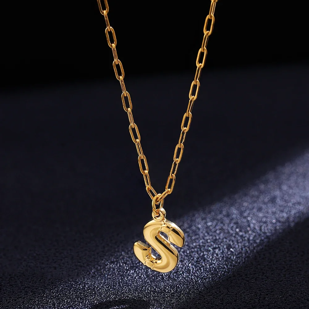 Stainless Steel Gold Plated Initial Letter Necklace Women Retro Waterproof A-Z Bubble Alphabet Choker Lightweight Jewelry Gifts