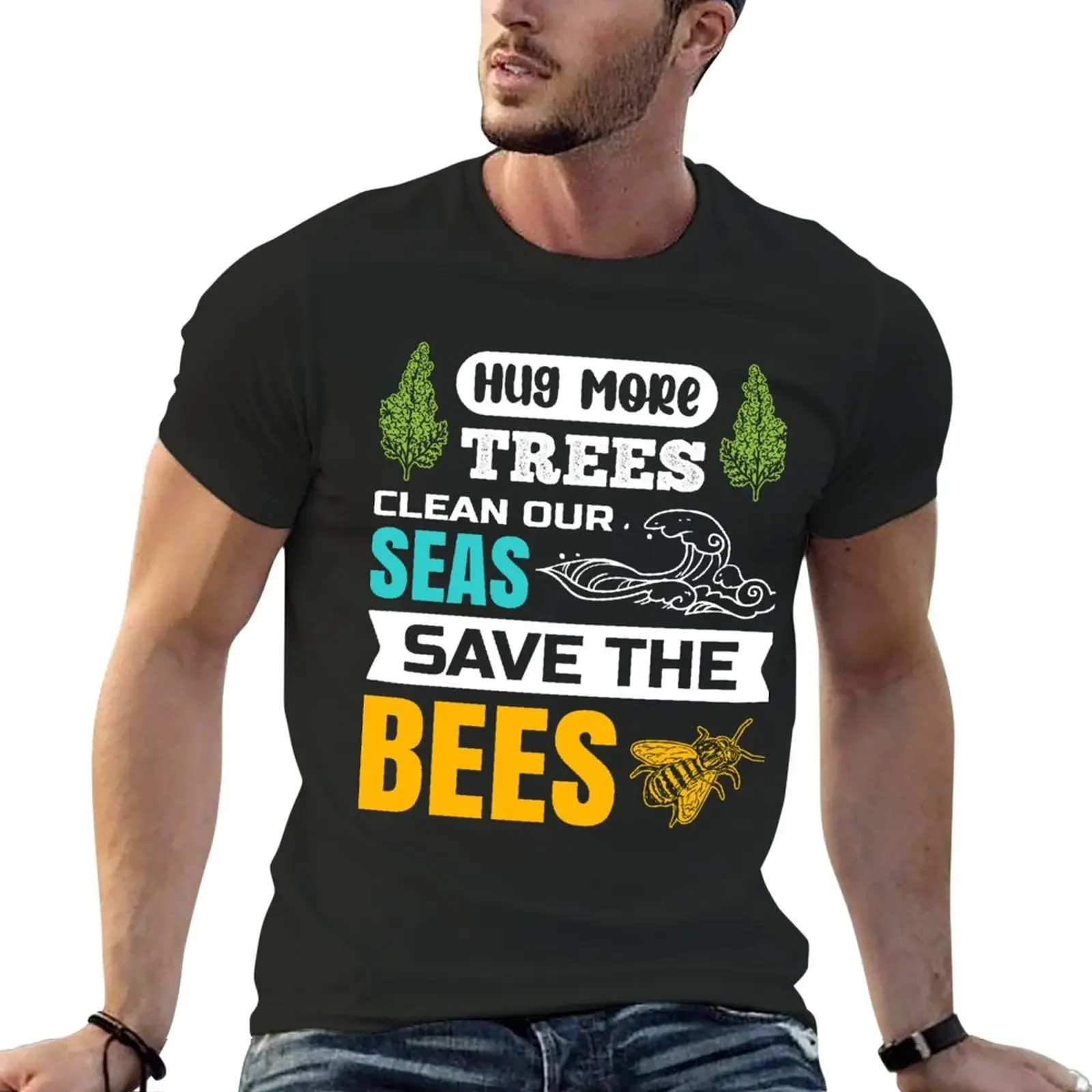 

Save trees & bees - Unisex Cotton Tee T-Shirt summer tops customs design your own plain t shirts men