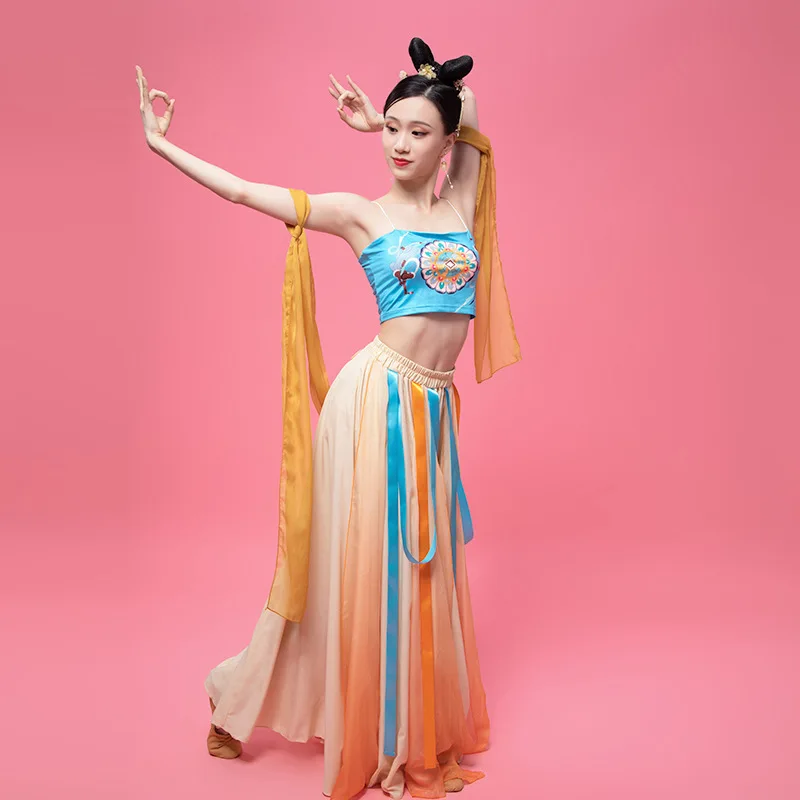 

2023 Women Oriental Belly Dance Costume 3-piece Set 520° Big Swing Skirt And Tank Top Strapless Silk Scarf Classical Dancewear