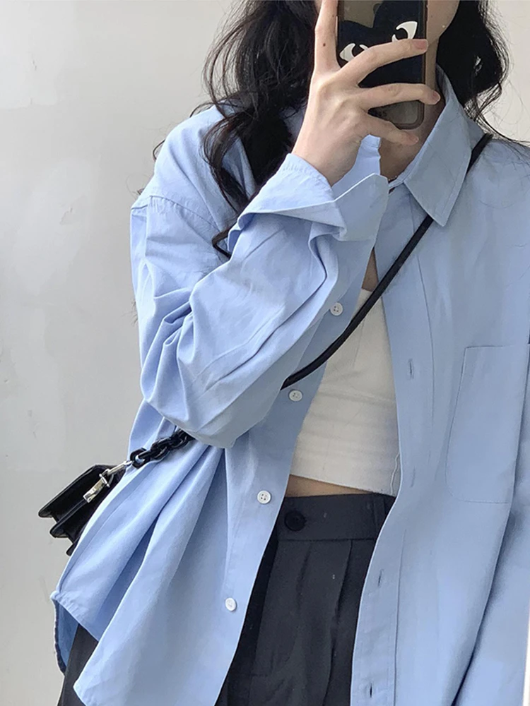 Blue Shirt Women's Polo Collar Long Sleeve Spring  Autumn French Single-Breasted Design Sense Straight Loose Fashion Casual Top