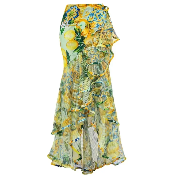 2023 New Lemon Print V Neck Push Up  One Piece Swimsuit and Skirt Summer Swimwear  Women  Beachwear Bathing Suit