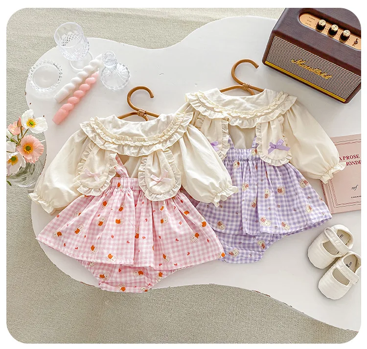 Puppe Kragen Langarm Baby Mädchen Top Zwei Stück Set Niedlichen Tier Gedruckt Hosenträger Shorts Neugeborenen Kinder Set Süße Kleidung – Detail 8