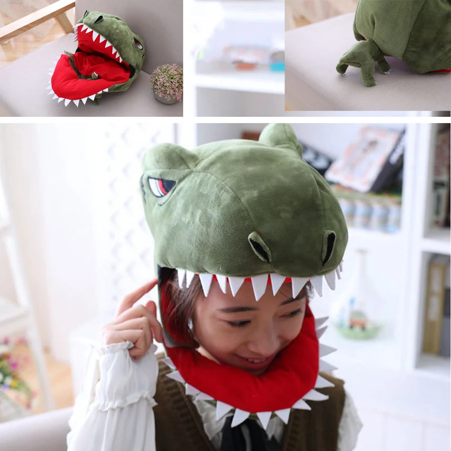 Funny Cosplay Animal Dinosaur Head Cover Headwear Throw Pillow Plush Hat Costume Party Halloween Home Sofa Decor Ornament Props