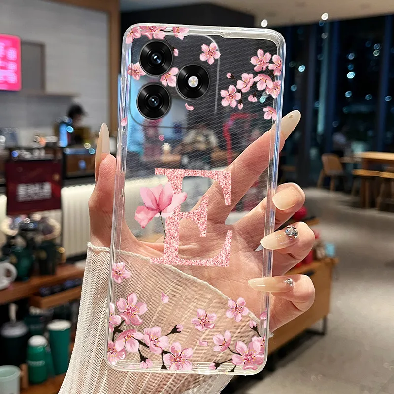 Floral Letter Design Transparent Silicone Protective Phone Case