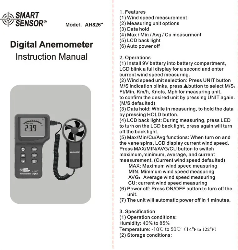 AR826+ Digital Anemometer Air Flow Meter Wind Speed Gauge Tester with LCD Display for HVAC Weather Measurement detail image 1
