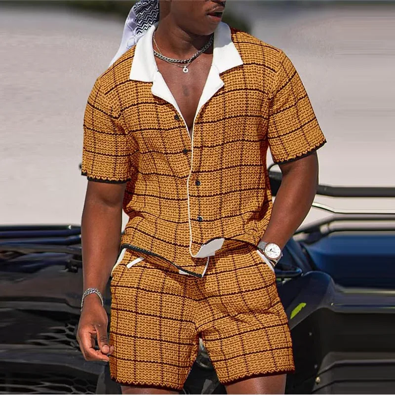 Men\'s Short Sleeve Button Up Polo Shirt And Short Suit Casual Hawaiian 3D Digital Print Outfits Man Holiday Beach Two Piece Suit