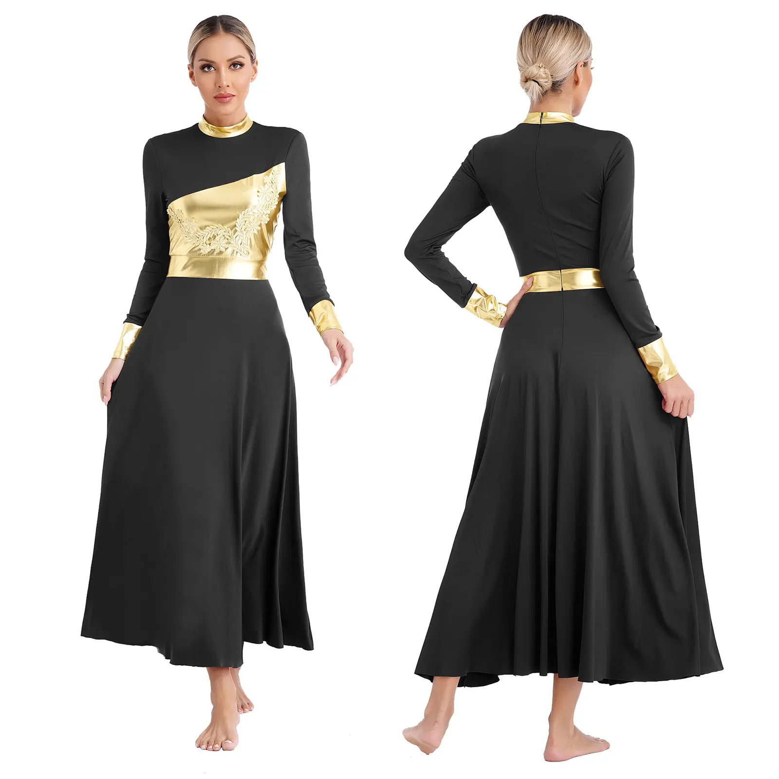 Gold Metallic Skirt Praise Dance Dress For Women Gold Shiny Sequins Liturgical Long Sleeve Praise Dress Gold Metallic Skirt Praise Dance Dress For Women Gold Shiny Sequins Liturgical Long Sleeve Praise Dress