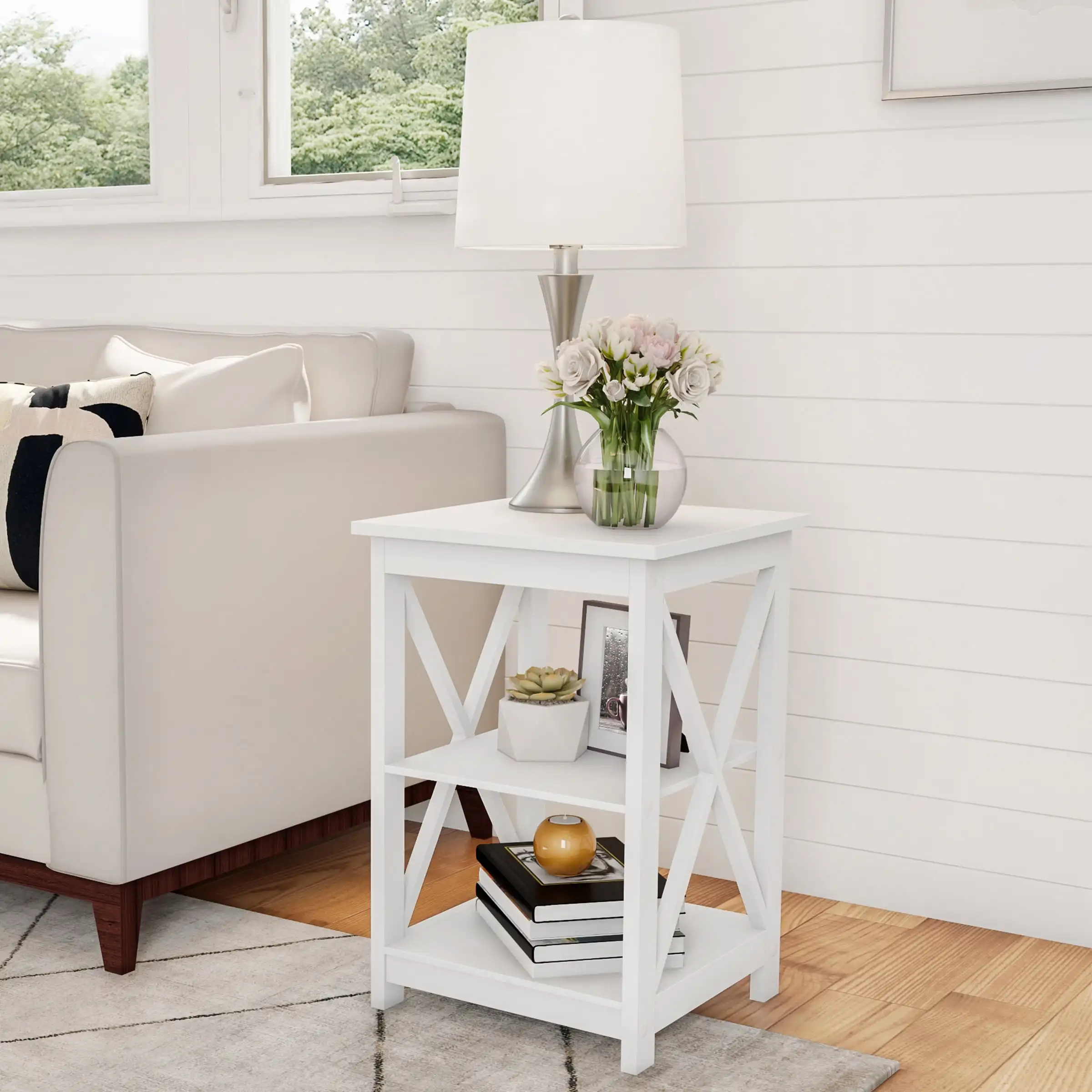 

Lavish Home Wooden End Table with Two Shelves and X-Shaped Design, White