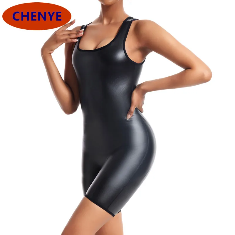 

Женский комбинезон из искусственной кожи без рукавов, тренировочный костюм, комбинезон, спортивная одежда, костюм для фитнеса и йоги, сексуальный цельный кожаный комплект