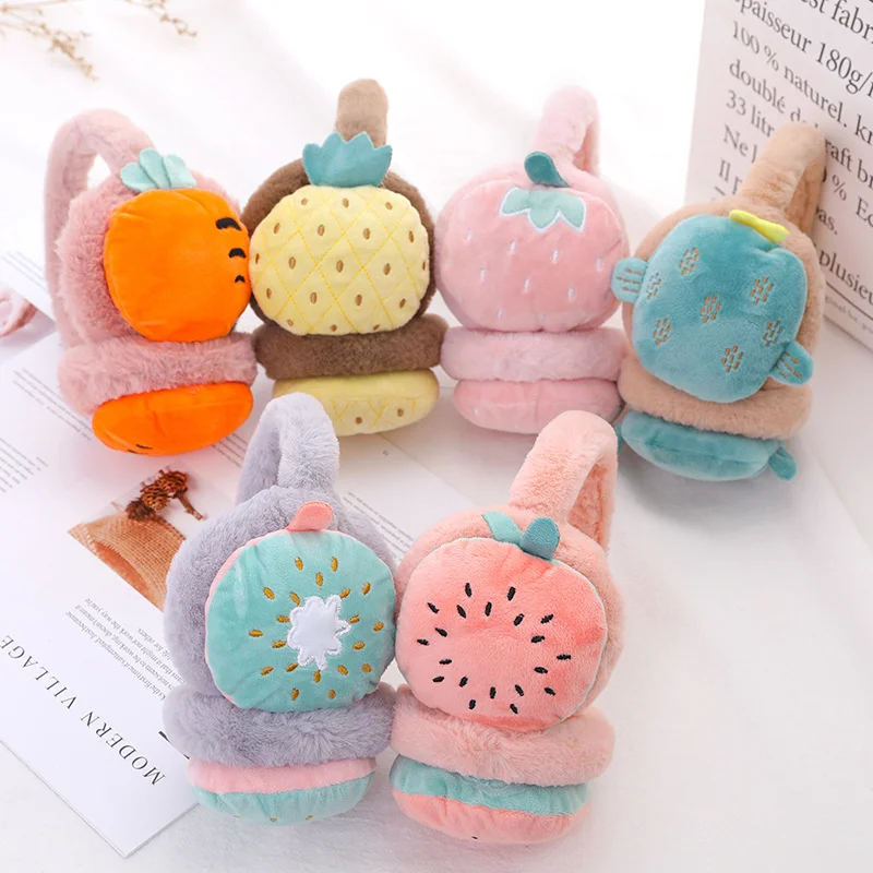 

Winter Warm Ear Muffs Cute Cartoon Fruit Girls Fluffy Fold Burger Shape Headphone Earmuffs Soft Cashmere Warmer Fake Fur Earlap