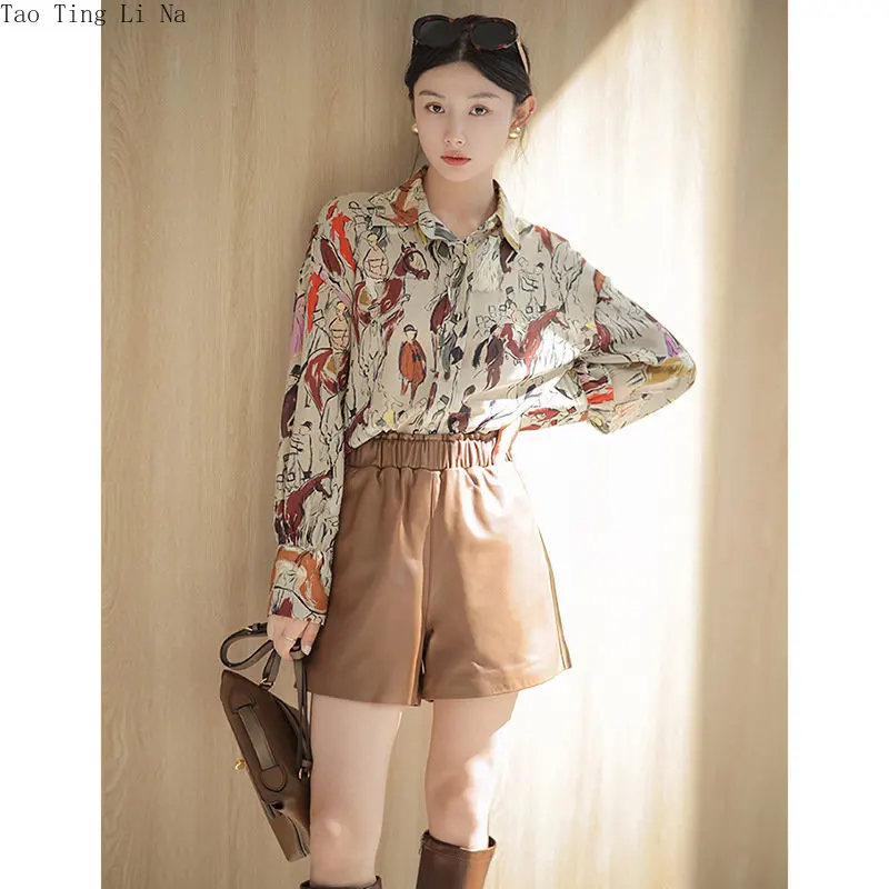 2023 New High Waist Casual Genuine Sheepskin Leather Shorts Loose Wide Leg Comfortable Real Leather Shorts W26