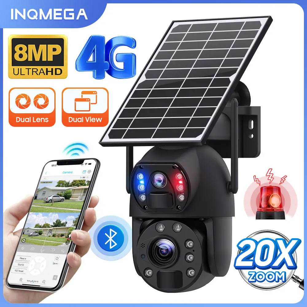 

4K 8MP 4G Solar Powered Camera 20X Zoom Outdoor SIM Card Cam PIR Dection with Dual Screen Color Night Vision WIFI Cam