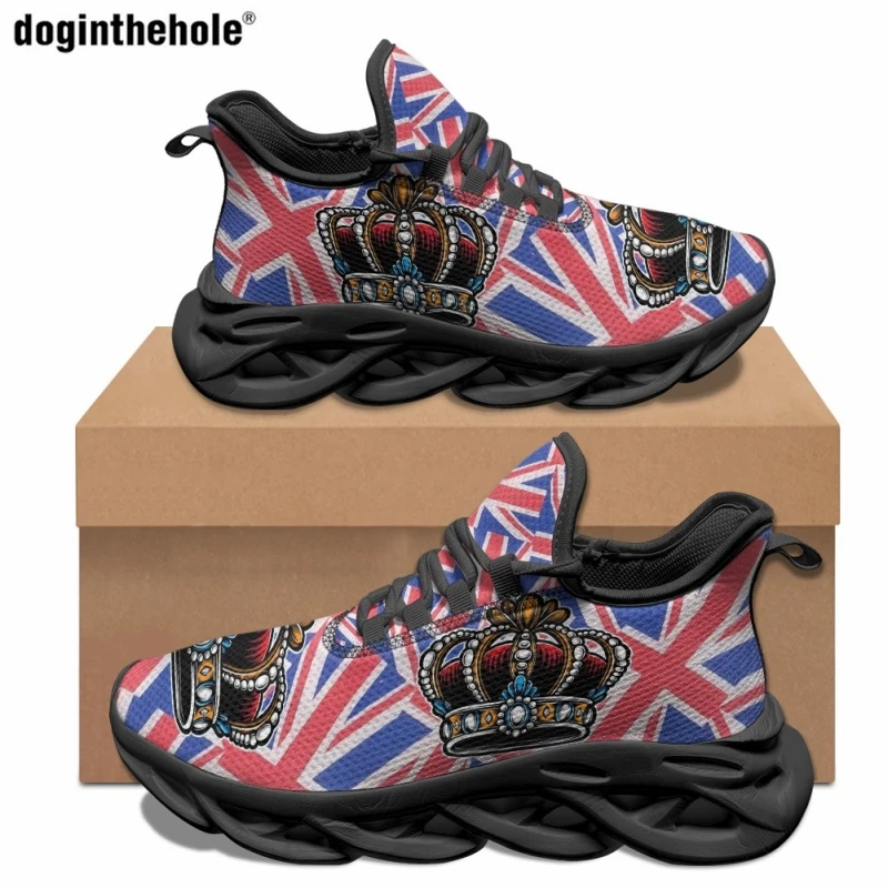 Doginthehole Art Design British Flag Crown Pattern Ladies Casual Flat Shoes Street Trend Running Shoes Popular Outdoor Sneakers