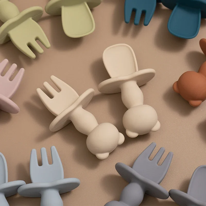 Silicone Cutlery Set Fork Spoon Set Baby Cutlery Food Grade Infant Soft Silicone Feeding Tableware For Toddler Kids Cartoon Panda Mini Training Fork Spoon Set Baby Accessories