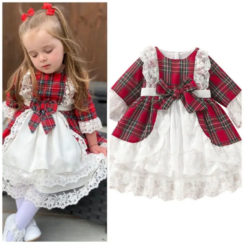 

Baby Girl Red Plaid Lace Patchwork Princess Dress Long Sleeve Toddle Child Christmas Vintage Tutu Dress Party Baby Clothes 1-7Y