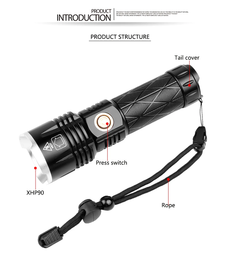 XHP90.2 LED 손전등 전술 손전등 USB 충전식 손전등 방수 토치 사용 18650 배터리