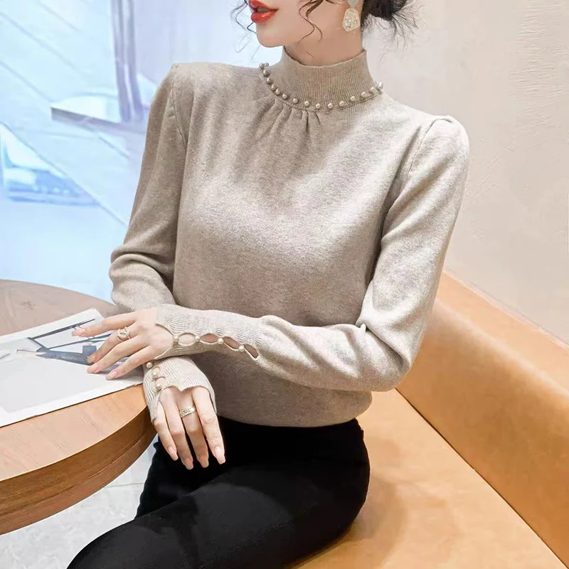 

Elegant Stand Collar Solid Color Folds Beading Blouses Women's Clothing 2023 Autumn Winter Loose Korean Tops Puff Sleeve Shirts