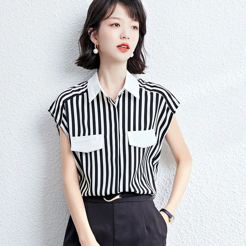 Fashion Lapel Button Spliced Striped Chiffon Shirts Women's Clothing 2024 Summer New Loose Casual Tops Commuter Blouses