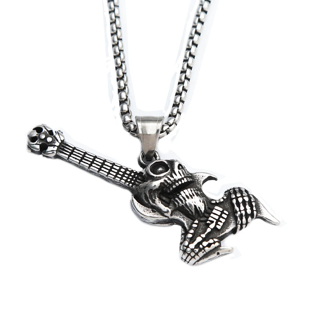 YFN Skull Guitar Necklace Sterling Silver Gothic Guitar Pendant Rock Punk  Music Jewelry Gothic Gifts for Women Men