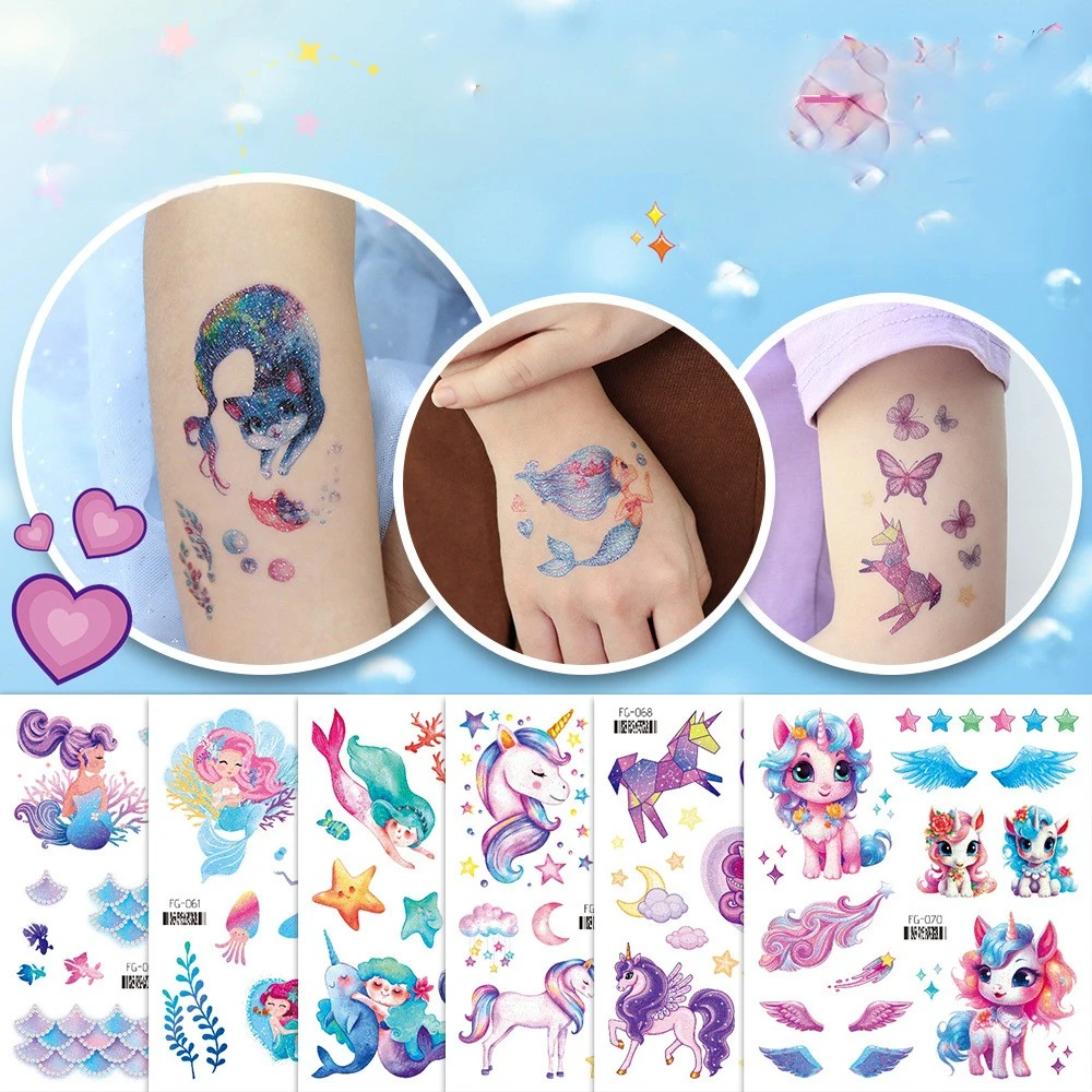 

size:105×120mm New waterproof flashing pink cartoon mermaid unicorn children's temporary tattoo sticker