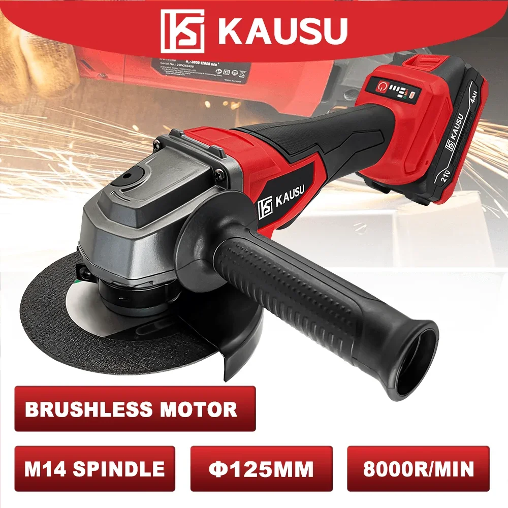KAUSU Brushless Electric Angle Grinder 125mm M14 Rechargeable Variable Speed Metal Wood Polishing Power Tools Makita 18V Battery