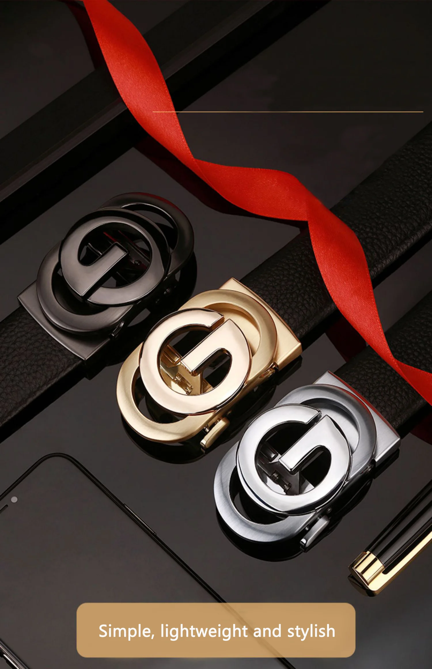 Dinisiton Herren Business automatische Schnalle Pu Gürtel verstellbare Freizeit männliche Riemen automatisch für Männer Geschenke – Detail 1