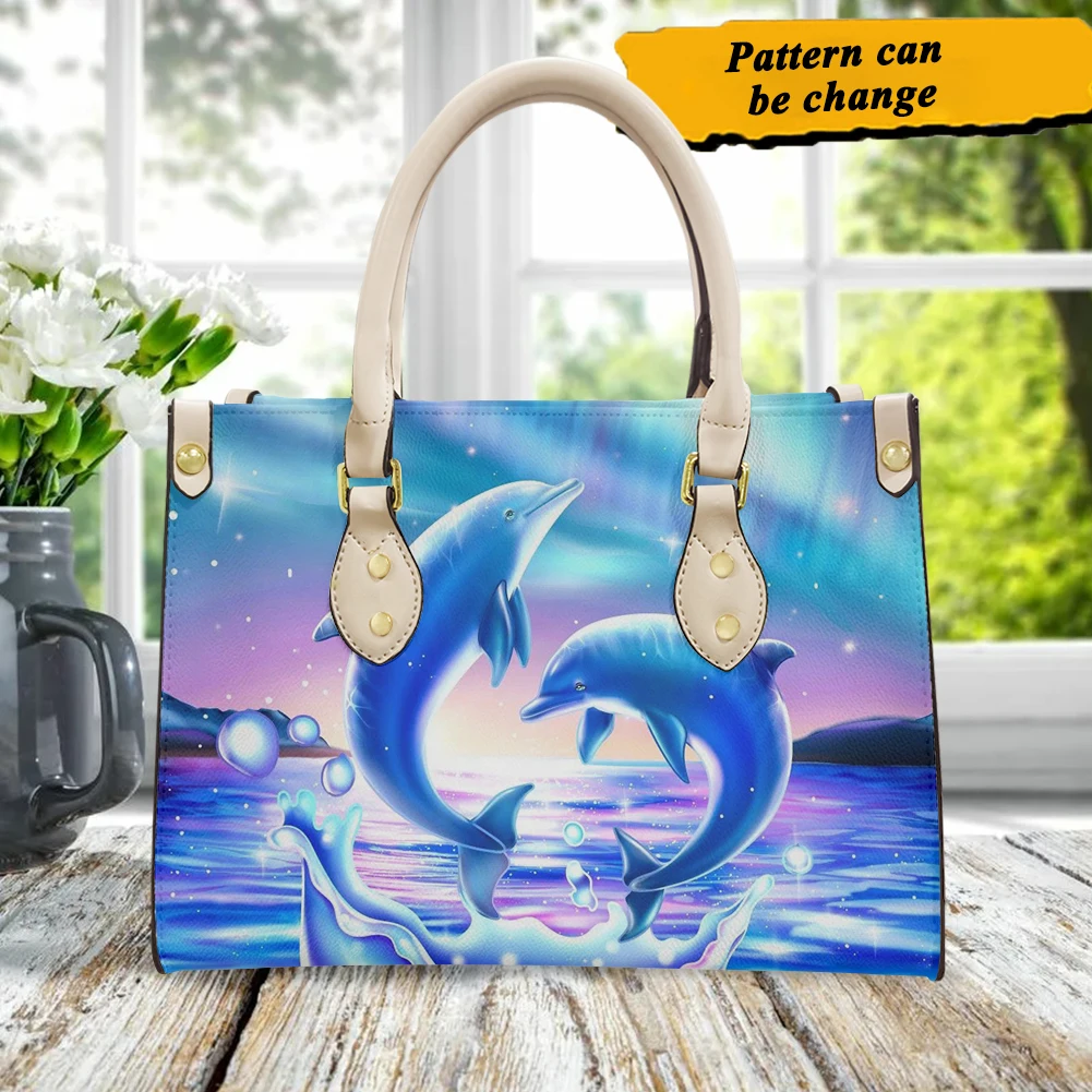 Women's Pu Leather Clutch Bag Cute Dolphin Pattern High Quality Portable Top Handle Cross Body Blue Bags Girls Shoulder Handbags