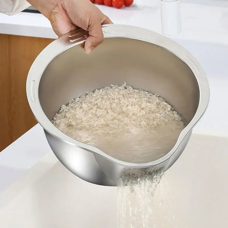 

Stainless Steel Rice Washing Bowl Kitchen Drain Basket Rice Colander Multi-Purpose Fruit Vegetable Washing Strainer Kitchen Tool