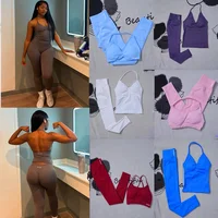 2Pcs Women's Gym Yoga Set Seamless High Waist Leggings Sports Bra Top Workout Outfit Fitness Activewear Running Training Clothes