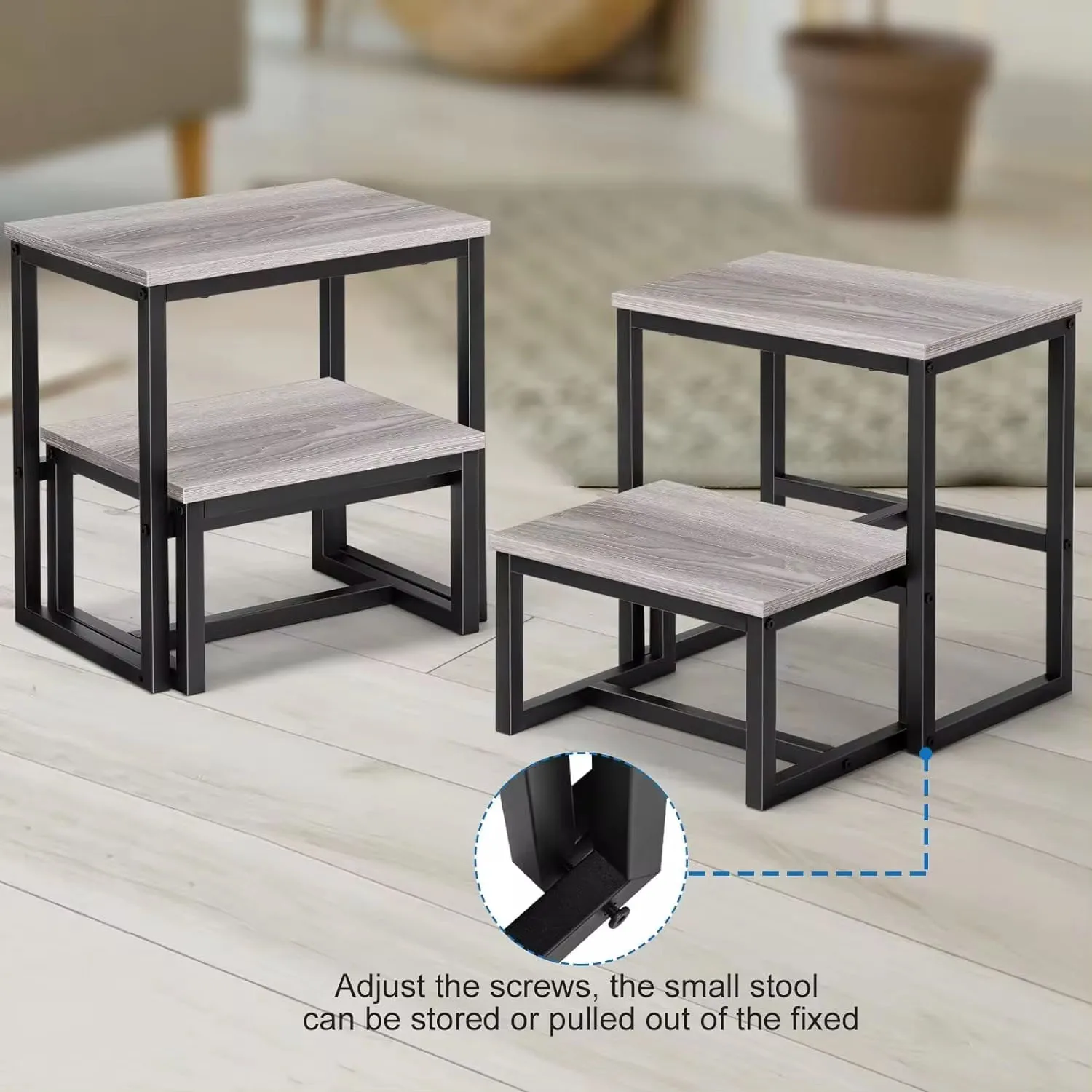 "Heavy-Duty Wooden Step Stool for Adults: 3-in-1 Bed Step Stool with Metal Frame, Supports Up to 500 lbs, Ideal for Kitchen & Ba