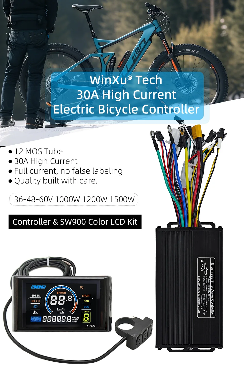 36V 48V 60V 30A 1000W 1200W 1500W E-Bike Bürstenloser Motor Sinuswellenregler SW900 Farb-LCD-Kit für Elektro-Fahrrad-Roller – Detail 1
