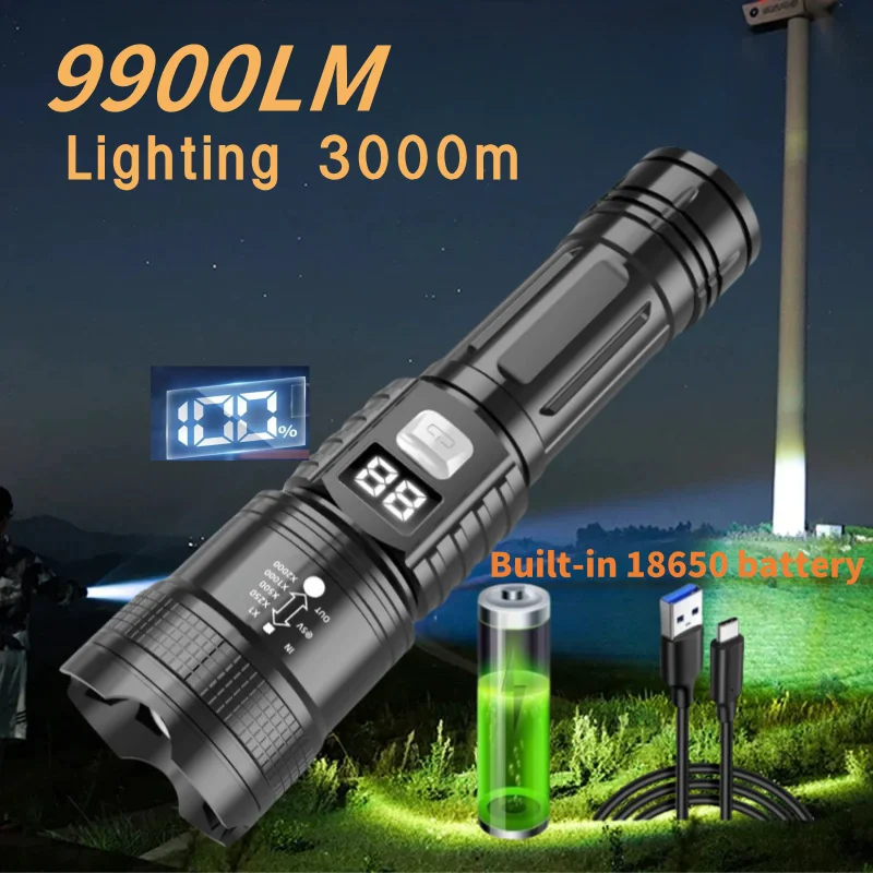 Portable Rechargeable LED Flashlights Built-in battery Military Tactical Flashlight Telescopic Zoom Torch Lamp Outdoor Camping
