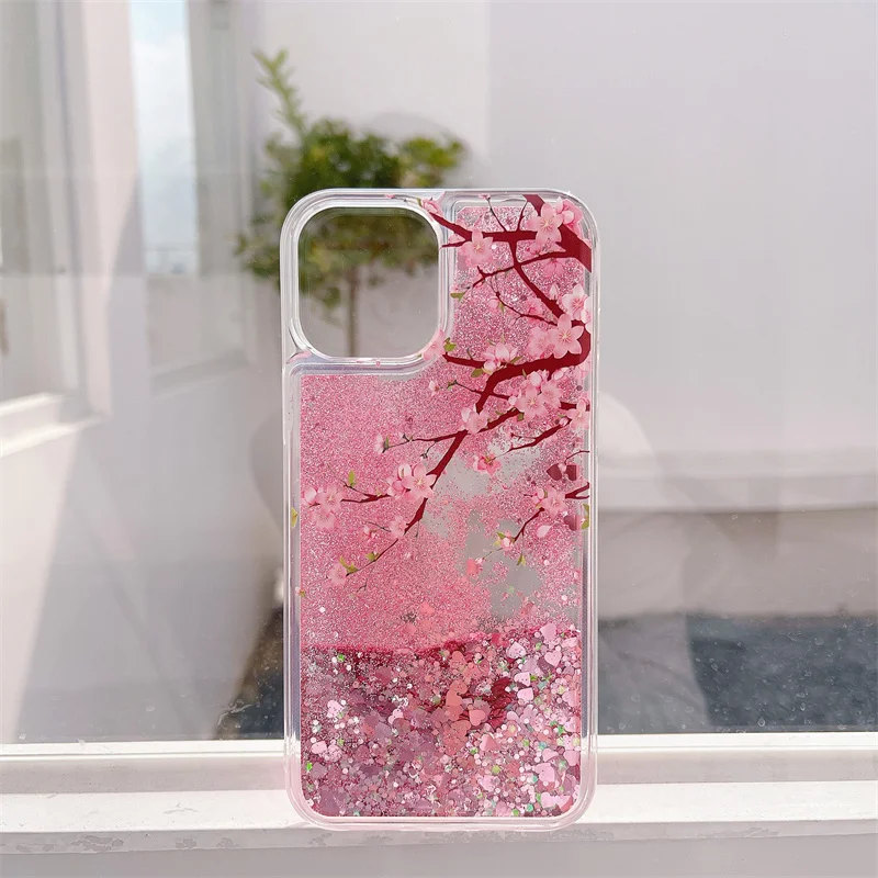 Peach Blossom Glitter Quicksand Heart & Star Liquid Silicone Case Cover