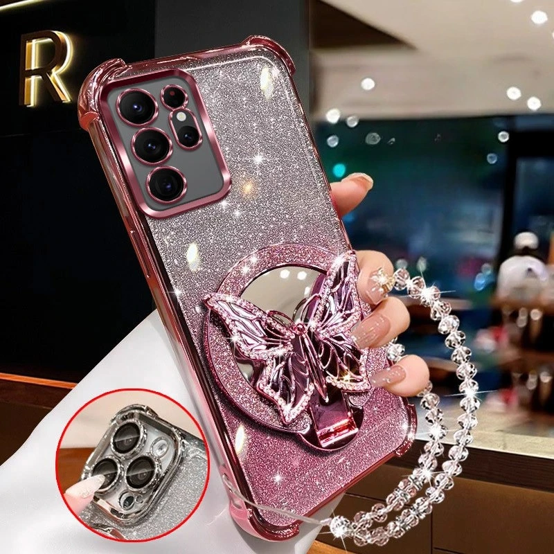 Glitter Butterfly Mirror Crystal Bracelet Shockproof Phone Case