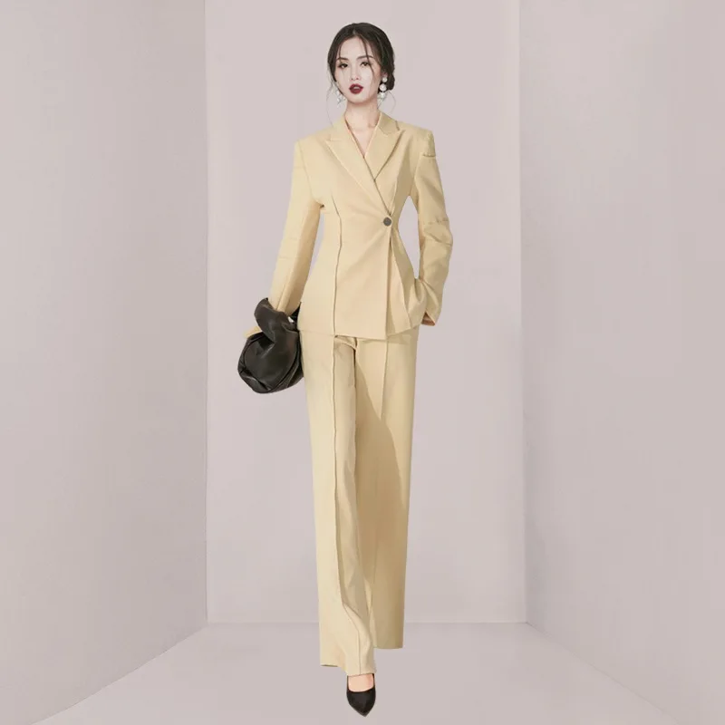 

2022 Spring Autumn Women Commuter French Elegant Waist-receiving Suit Jacket Wide Leg Pants Suit