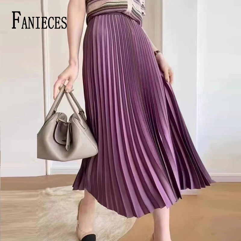 FANIECES Solid Elegant Pleated Long Skirt Office Lady Fashion A-line Fold Skirt Casual Basic All-match Streetwear Bottoms Faldas