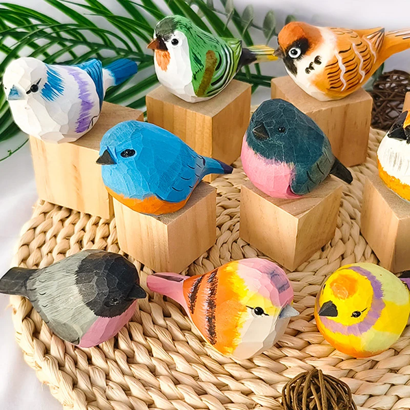 2 Pcs Hand-carved Painted Little Fat Bird Ornaments Robin Wood Carving Nordic Style Small Bird Figurine Statue Home Decor Crafts 2 pcs lot cute little frog doll house miniatures fairy garden gnome moss terrarium decor crafts diy supplies figurine