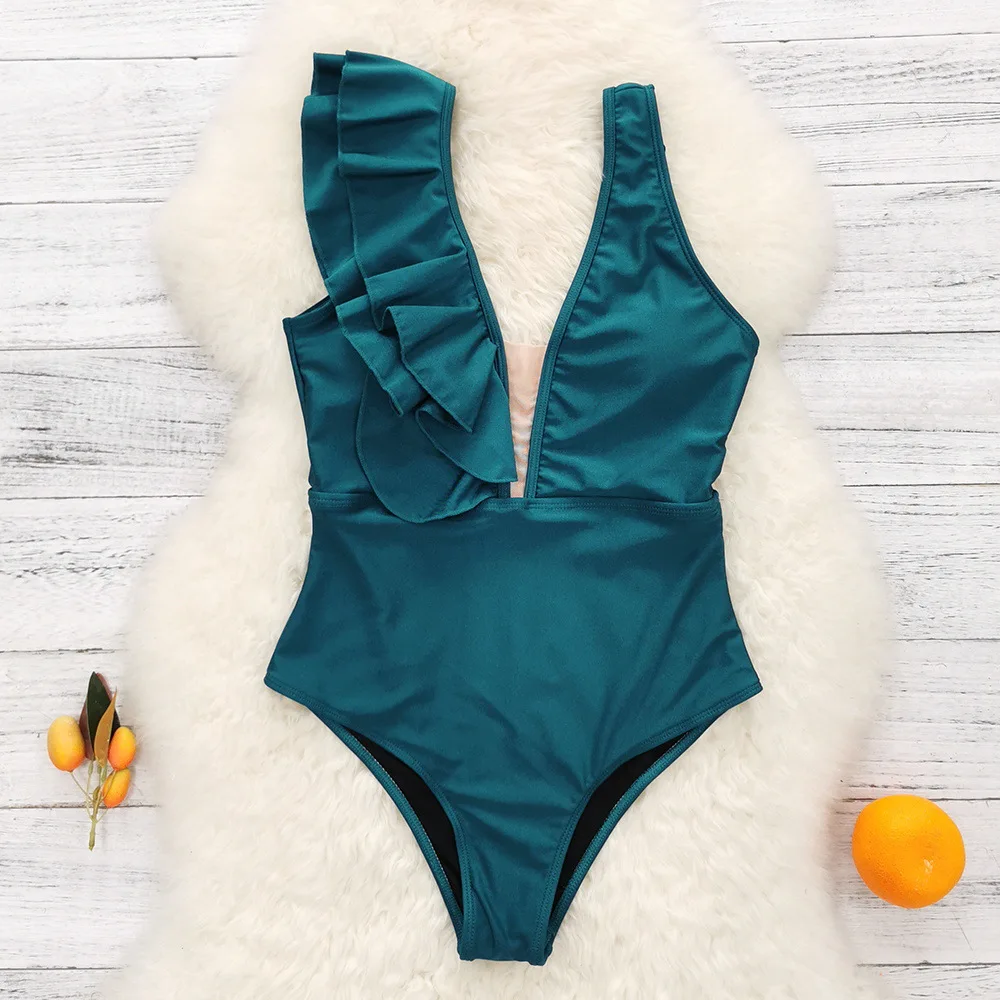2023 New Solid Color High Waist Bikini One-piece Swimsuit Women's Triangle Sexy Backless Ruffled Brazilian Swimwear
