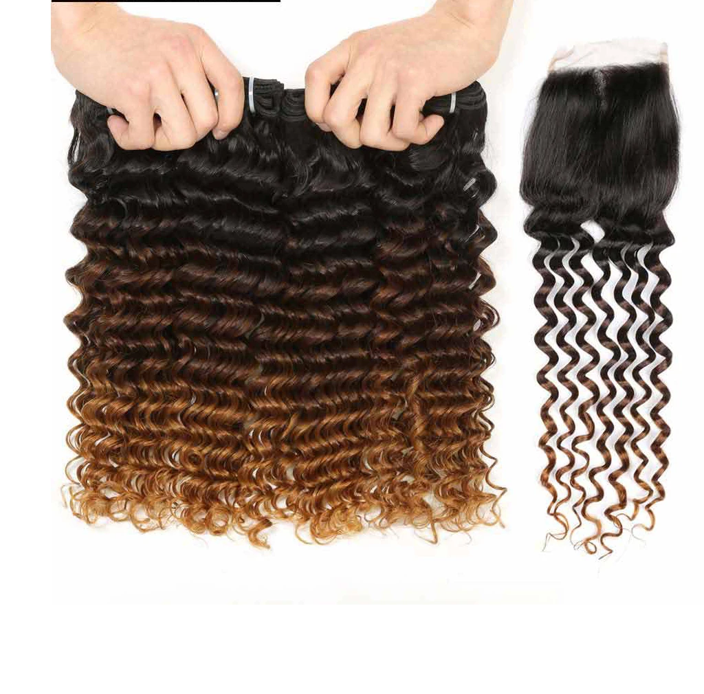 4 Bundles Hair Weaves Brazilian Hair Deep Wave Human Extensions 100% Remy Weave Bundles Bundle Multi-color with