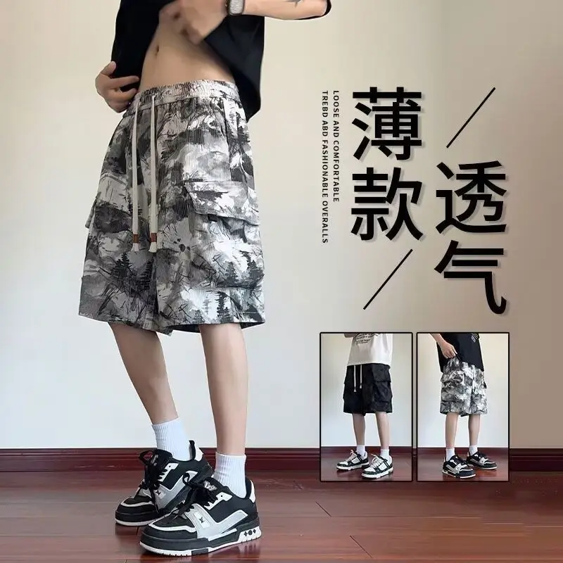 2025 American Black Workwear Shorts Men's Summer High Waisted Youth Pants Casual Tie Dye Large Pocket Five Quarter Horse Pants 3